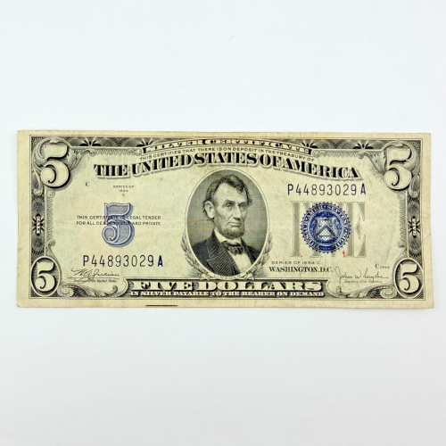 1934-C Series $5 Blue Seal Silver Certificate-Serial P 44893029 A Philadelphia