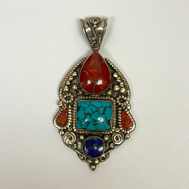 Old Brass Multicolor Stones Inserts Unique Pendant