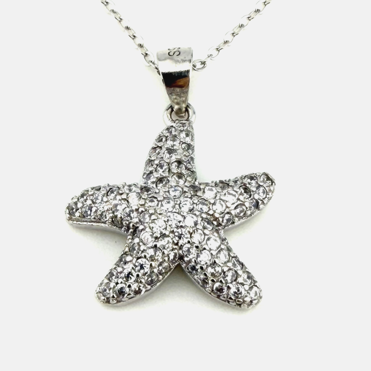 925 Sterling Silver Starfish Pendant Necklace with CZ - 15" Chain - Unbranded