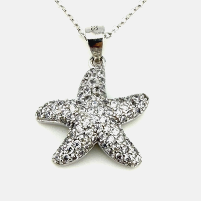 925 Sterling Silver Starfish Pendant Necklace with CZ - 15" Chain