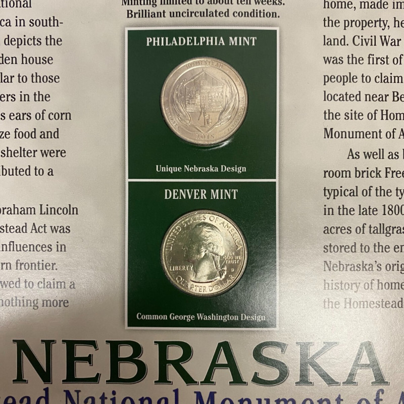 2015 P +D Nebraska Homestead Monumen Quarters + 2 Stamps Placard w/Protector PCS 2015 P +D Nebraska Homestead Monumen Quarters + 2 Stamps Placard w/Protector PCS