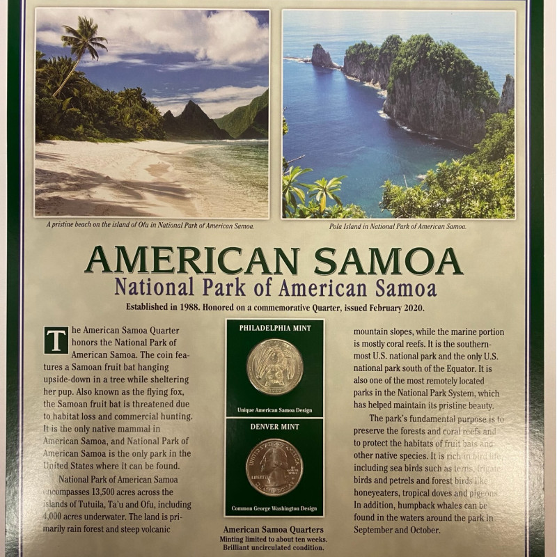 2020 National Park of American Samoa Quarter P&D coins w/2 Stamp