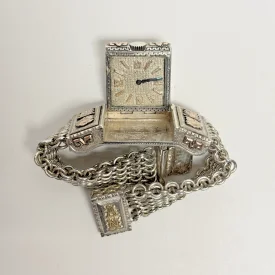 Rare Swiss .935 Sterling Silver Hidden Secret Watch Bracelet Gold Plated Vintage