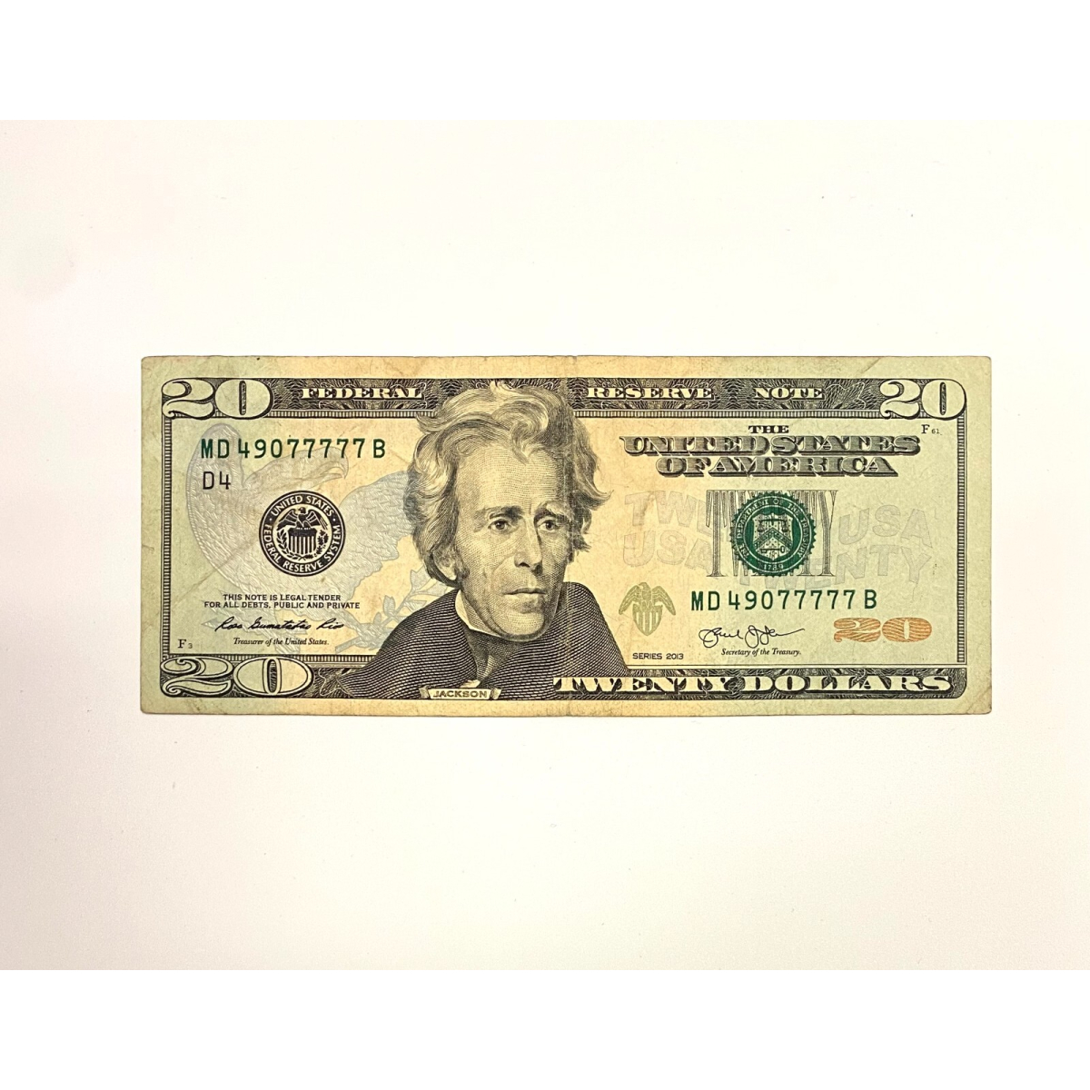 2013 Twenty 20 Dollar Bill Fancy Serial Number MD49077777B