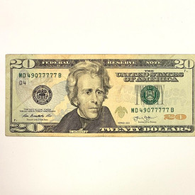 2013 Twenty 20 Dollar Bill Fancy Serial Number MD49077777B