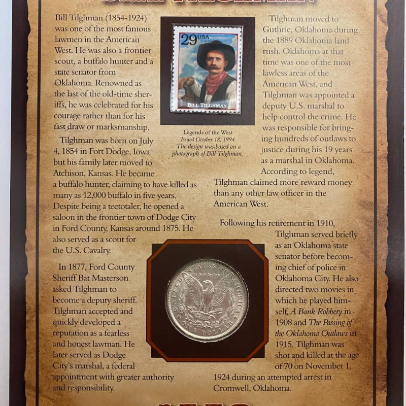 1889 Morgan Silver Dollar with Stamp on Card, American West, Bill Tilghman