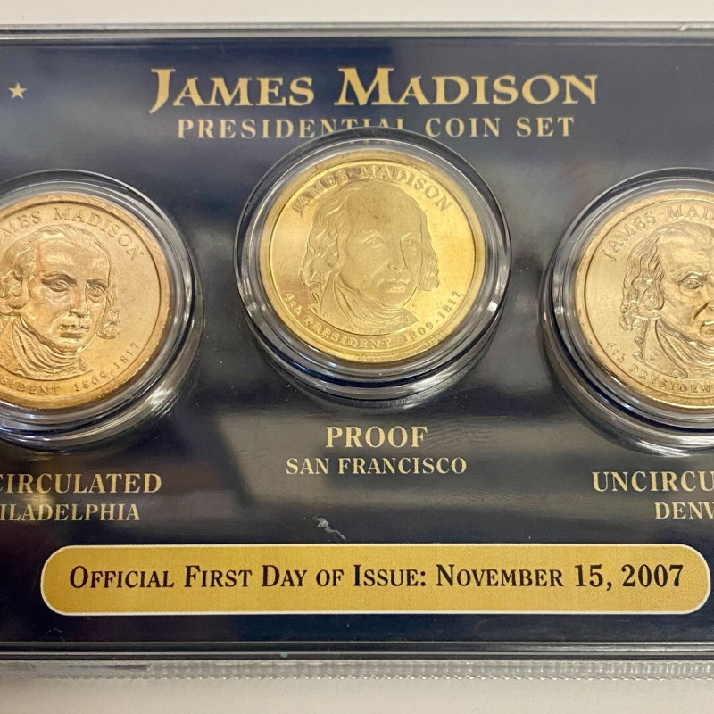 2007 PDS Official First Day of Issue James Madison Presidential 3 Coin Set