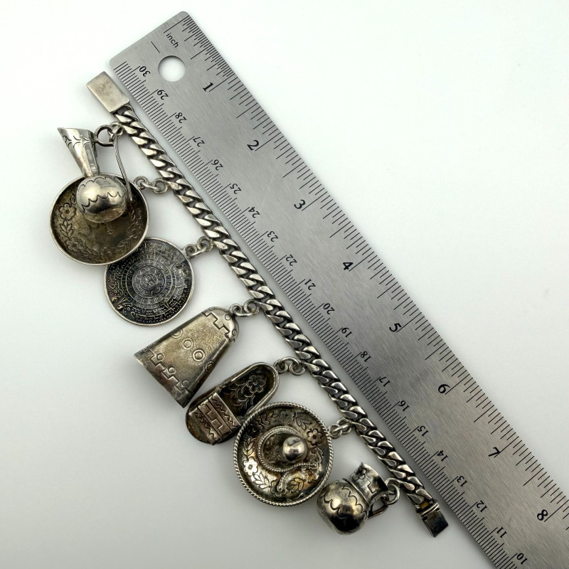 Vintage Sterling Silver Castelan Mexico Charm Link Southwestern Bracelet, 7”