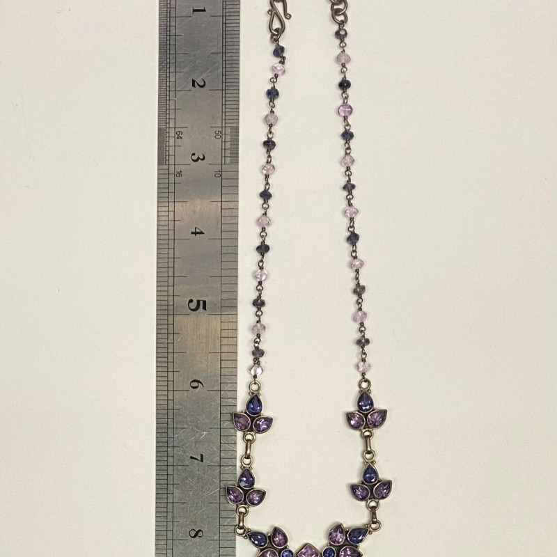 925 Sterling Silver Amethyst and Sapphires Drop Necklace - India 925 Sterling Silver Amethyst and Sapphires Drop Necklace - India