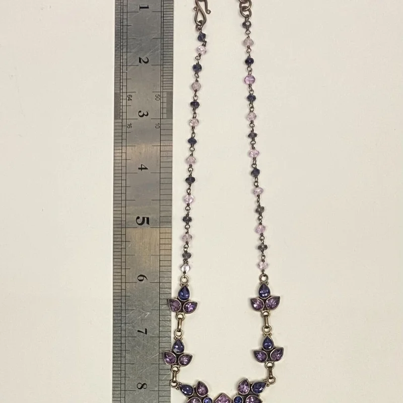 925 Sterling Silver Amethyst and Sapphires Drop Necklace - India