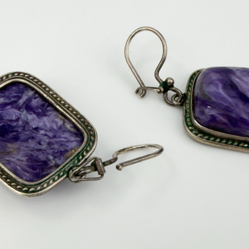 Vintage Rectangular Purple Charoite Dangle Hook Earrings Silver