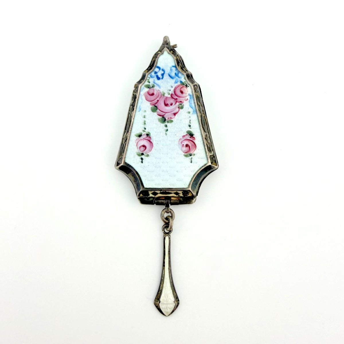 Antique Art Deco Sterling Silver Guilloche Enamel Locket - Pink Roses - Antique