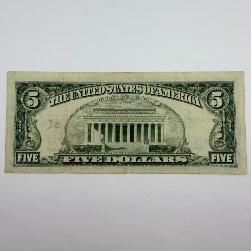 1963 Series $5 Red Seal United States Note, Serial A58345625A, Boston District A