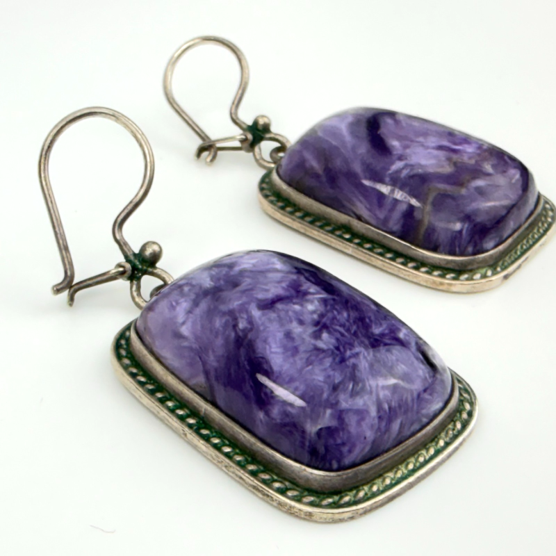 Vintage Rectangular Purple Charoite Dangle Hook Earrings Silver