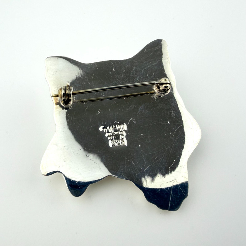 Vintage Sterling Silver Mexico Modernist Cat Brooch Pin Black Eyes circa 1980s'