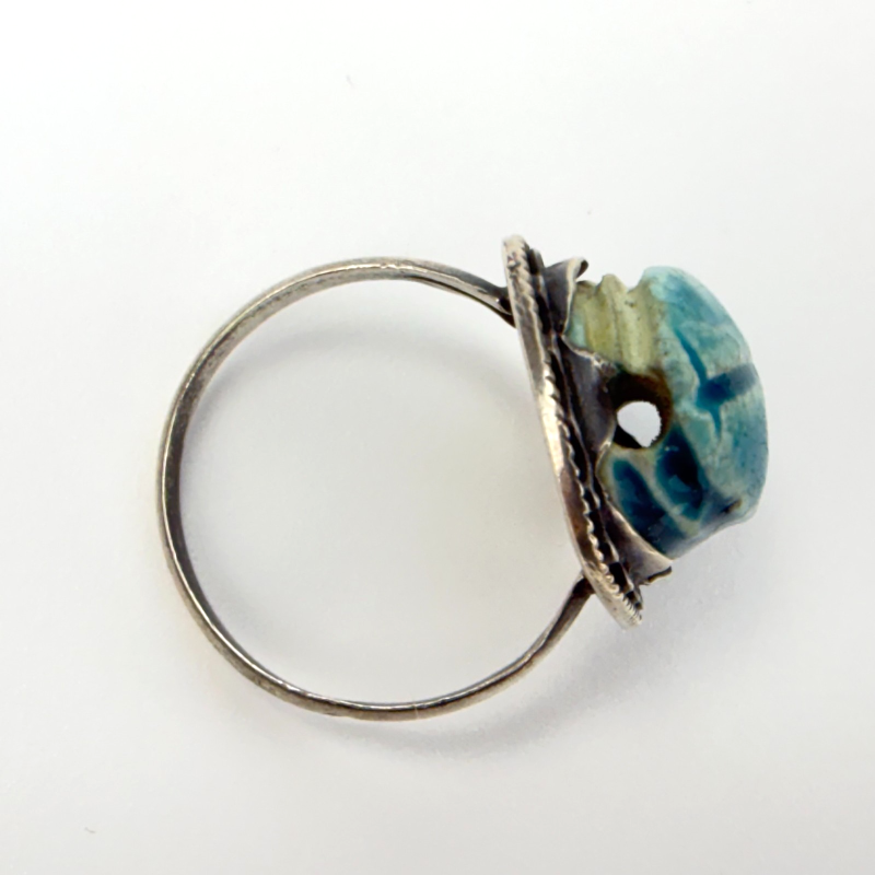 Vintage Egyptian Revival Sterling Silver Carved Faience Scarab Ring, Sz. 7