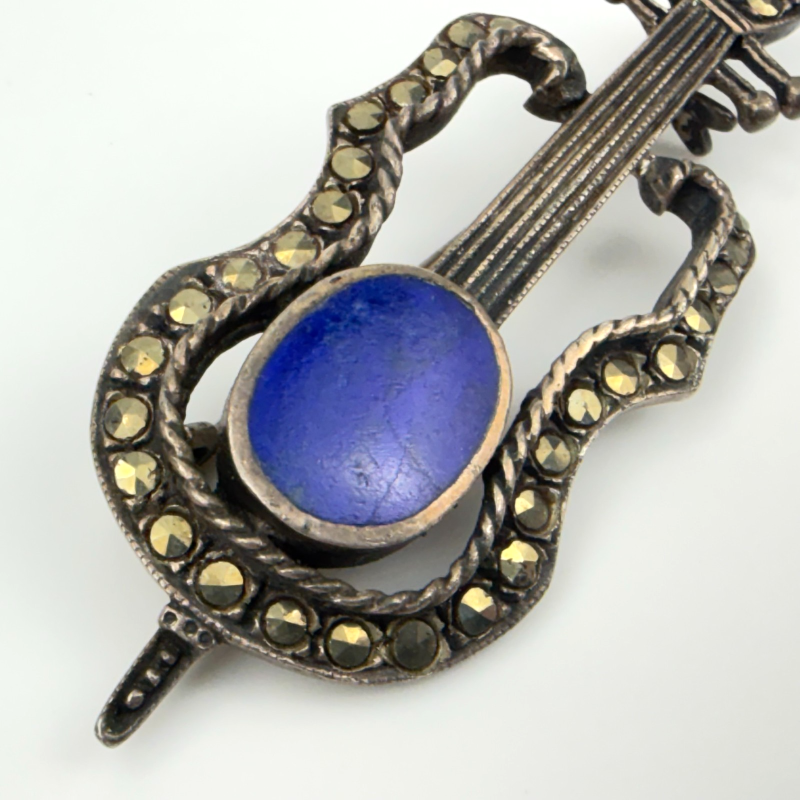 Vintage 925 Sterling Silver Sodalite & Marcasite GUITAR Brooch Pin