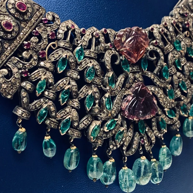 Antique Handmade Necklace and Earrings Diamond Tourmaline Ruby Emerald Sapphire