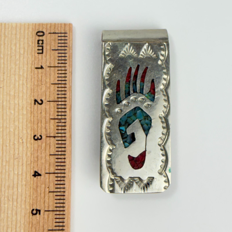 Navajo Coral And Turquoise Inlay Silver Money Clip signed cm