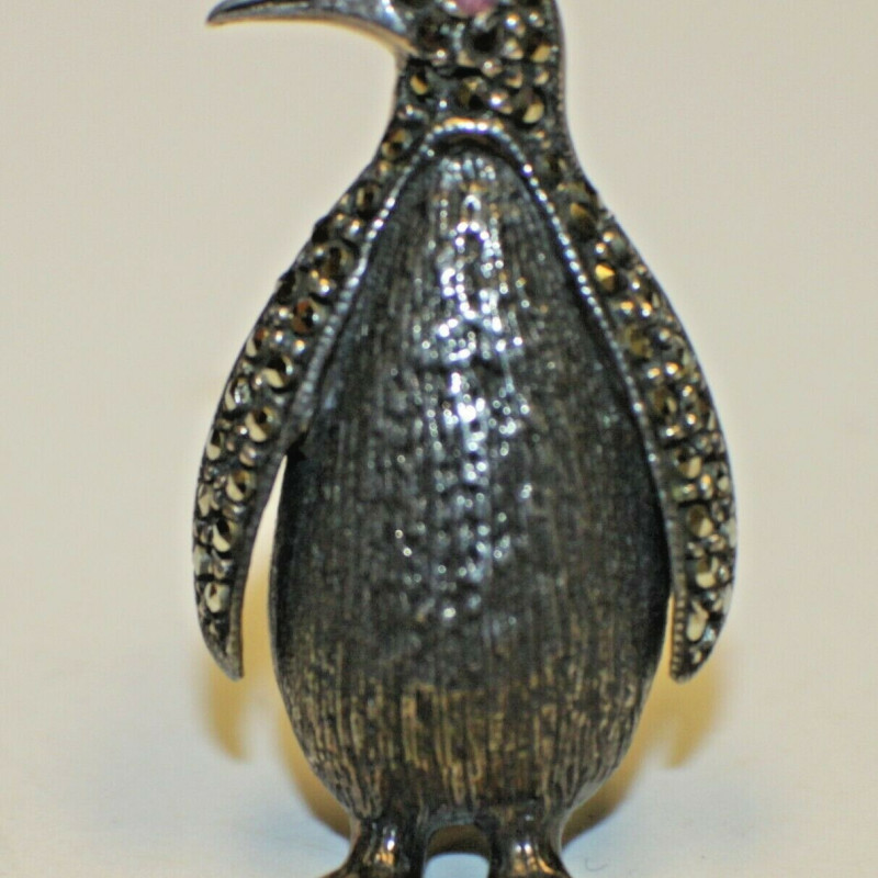 Antique Sterling Silver Marcasite Ferza Engraved Penguin RUBY Red EYE Brooch Antique Sterling Silver Marcasite Ferza Engraved Penguin RUBY Red EYE Brooch