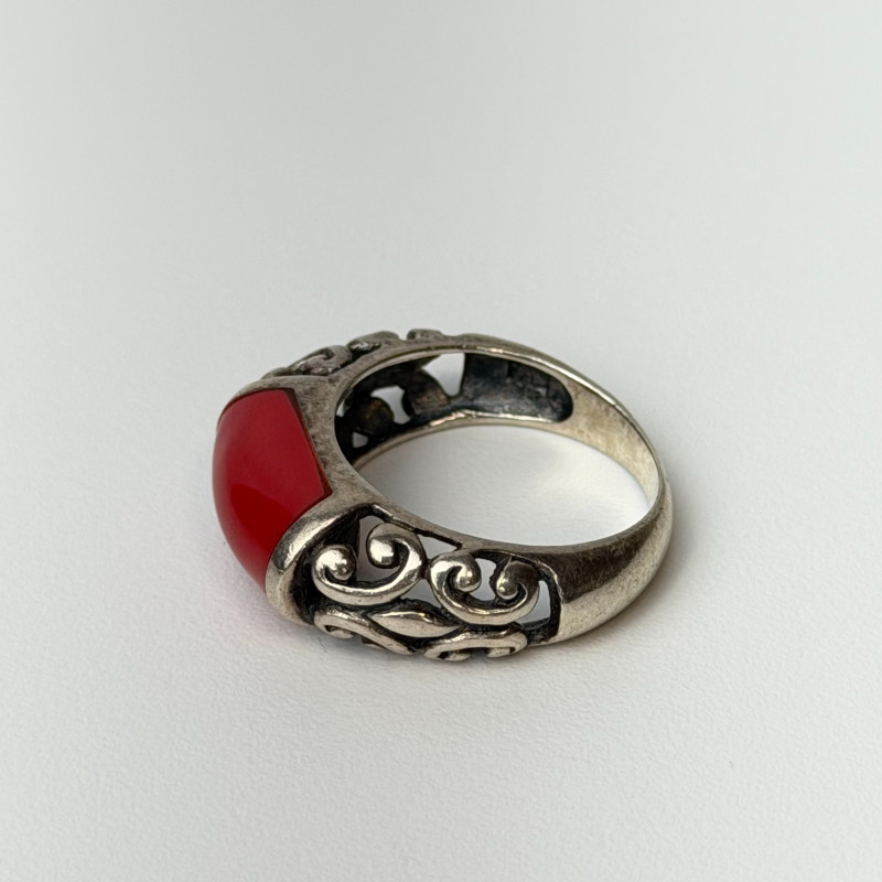 Vintage Tag Sterling Silver Red Coral ring, sz 7.0