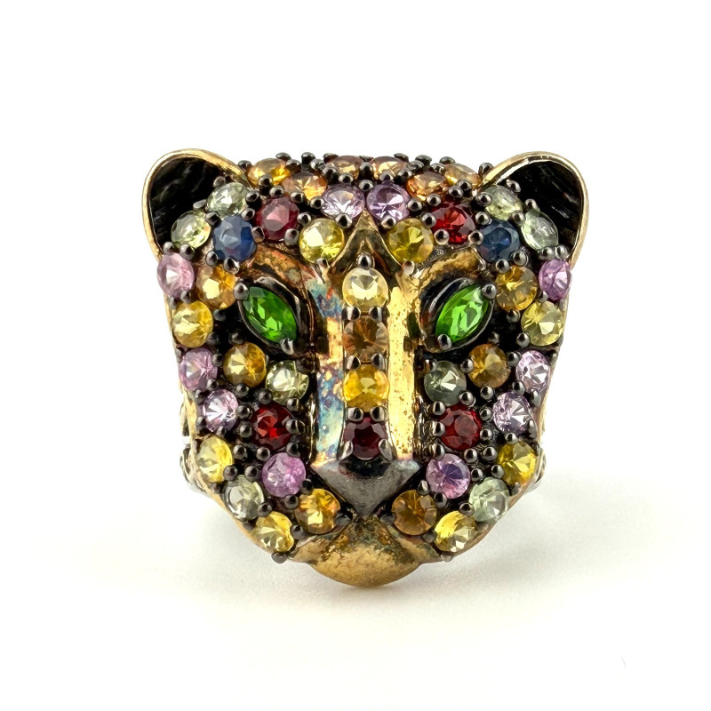 Multi Gemstone Silver Panther/Jaguar Head Ring Sz.11