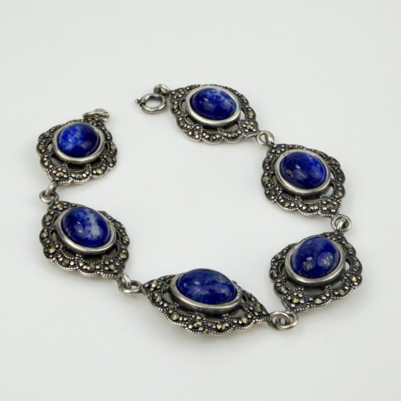 Blue Sodalite & Marcasite Bracelet 925 Sterling Silver PAJ China
