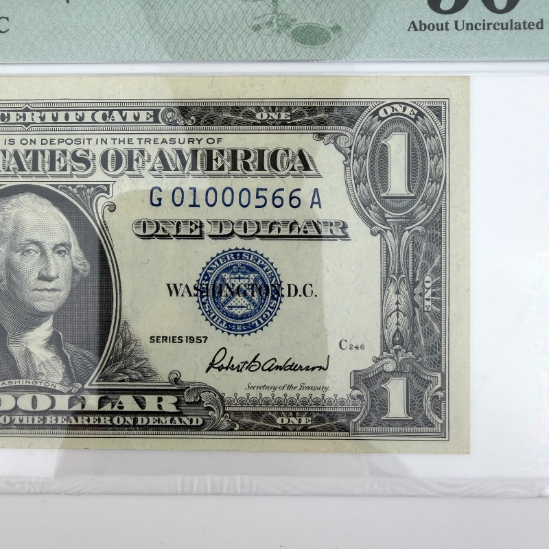 1957 $1 Silver Cert. Fr. 1619 GA Block PMG 50 AU  G01000566A Fancy Number
