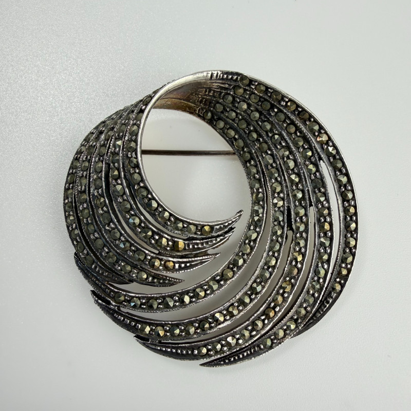 Vintage Sterling Silver 925 & Marcasite Swirl Brooch Stamped Pin EARLY-MID 20c