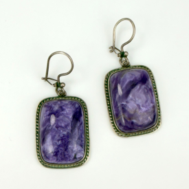 Vintage Rectangular Purple Charoite Dangle Hook Earrings Silver