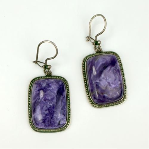 Vintage Rectangular Purple Charoite Dangle Hook Earrings Silver Vintage Rectangular Purple Charoite Dangle Hook Earrings Silver
