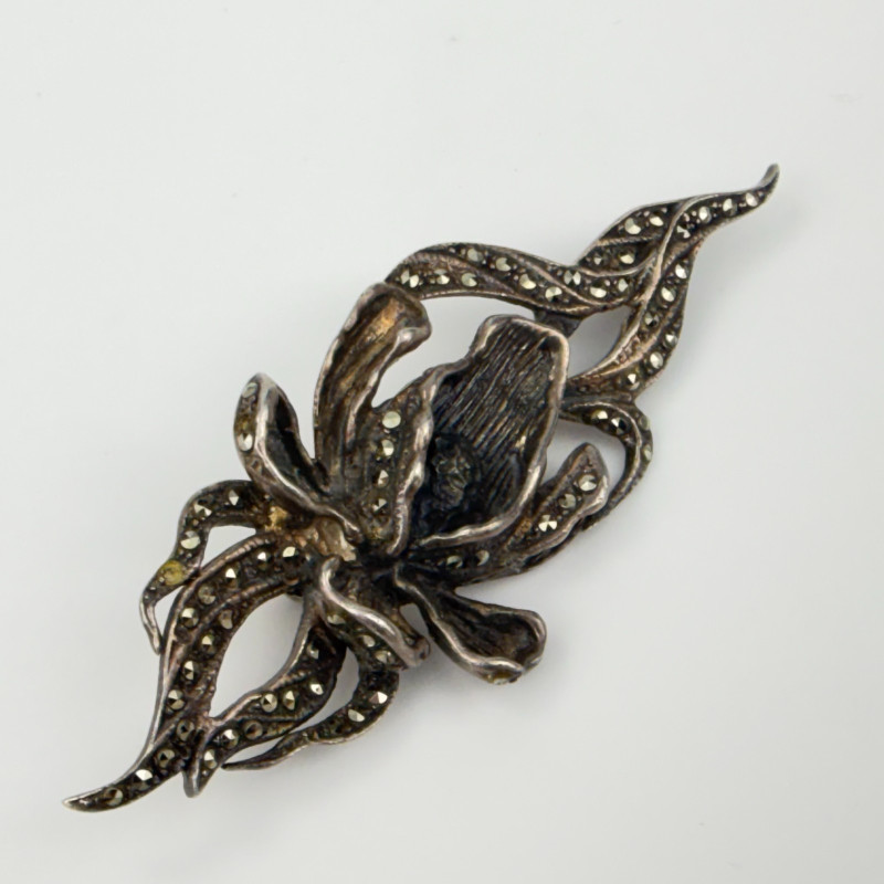 Unique Vintage Sterling Silver and Marcasite Gladiolus Flower Pin Brooch