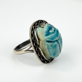 Vintage Egyptian Revival Sterling Silver Carved Faience Scarab Ring, Sz. 7