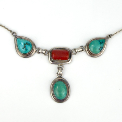 Navajo Necklace 925 Silver Morenci Turquoise & Coral Native Artist C.80's Navajo Necklace 925 Silver Morenci Turquoise & Coral Native Artist C.80's