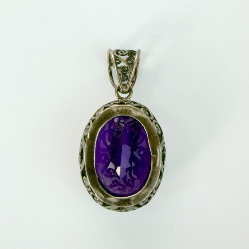 925 Sterling Silver Vintage Real Dark Purple Oval Amethyst Gemstone Pendant