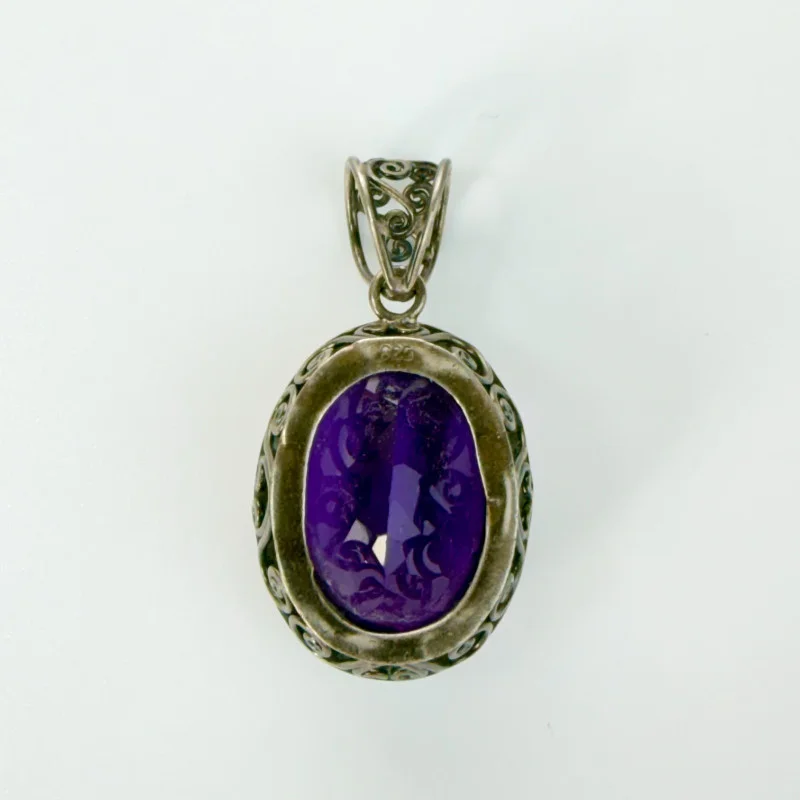 925 Sterling Silver Vintage Real Dark Purple Oval Amethyst Gemstone Pendant