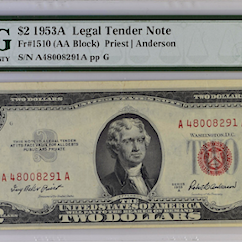 FR# 1510 $2 1953 A LEGAL TENDER NOTE (AA BLOCK)PRIEST/ANDERSON SN# A48008291A FR# 1510 $2 1953 A LEGAL TENDER NOTE (AA BLOCK)PRIEST/ANDERSON SN# A48008291A