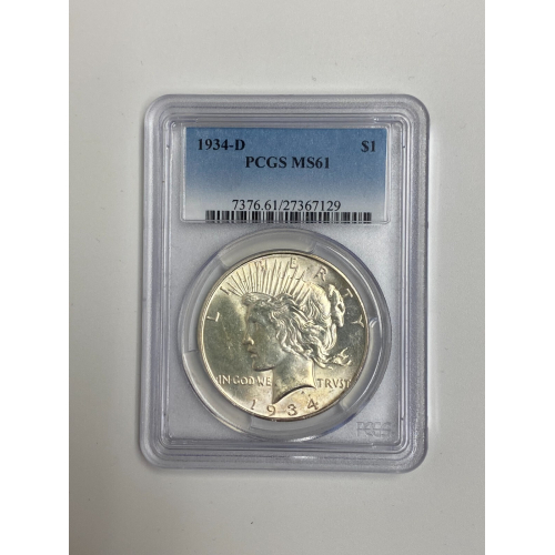 1934-D Peace Silver Dollar PCGS MS61 1934-D Peace Silver Dollar PCGS MS61