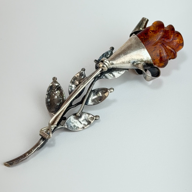 Antique Art Nouveau England .925 Sterling Silver Carved Amber Rose Brooch