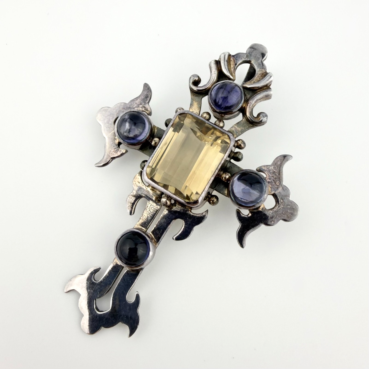 Vintage Sterling Silver Cross Pendant with Citrine and Iolite - 925 - Unbranded