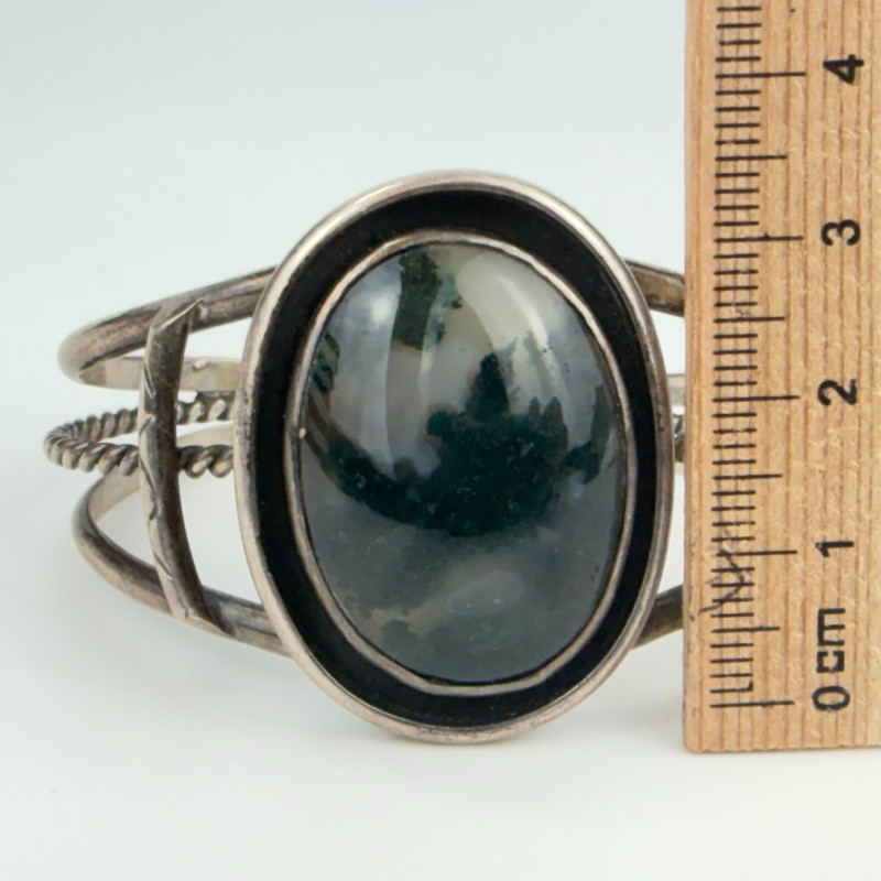 Native American Style Sterling Silver Oval Black&White Agate Stone Cuff Bracelet