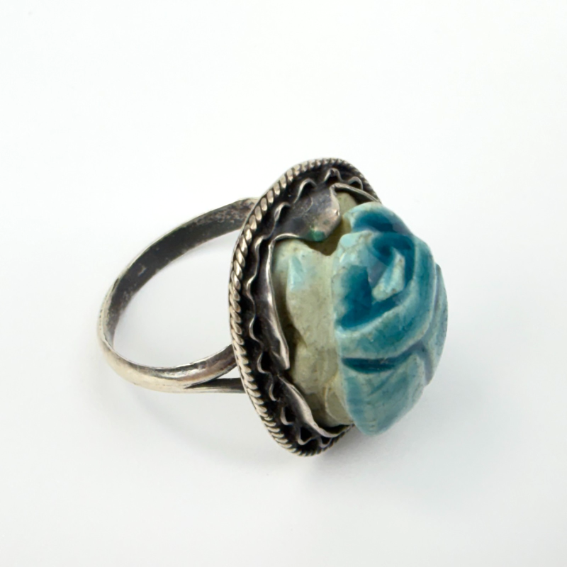 Vintage Egyptian Revival Sterling Silver Carved Faience Scarab Ring, Sz. 7