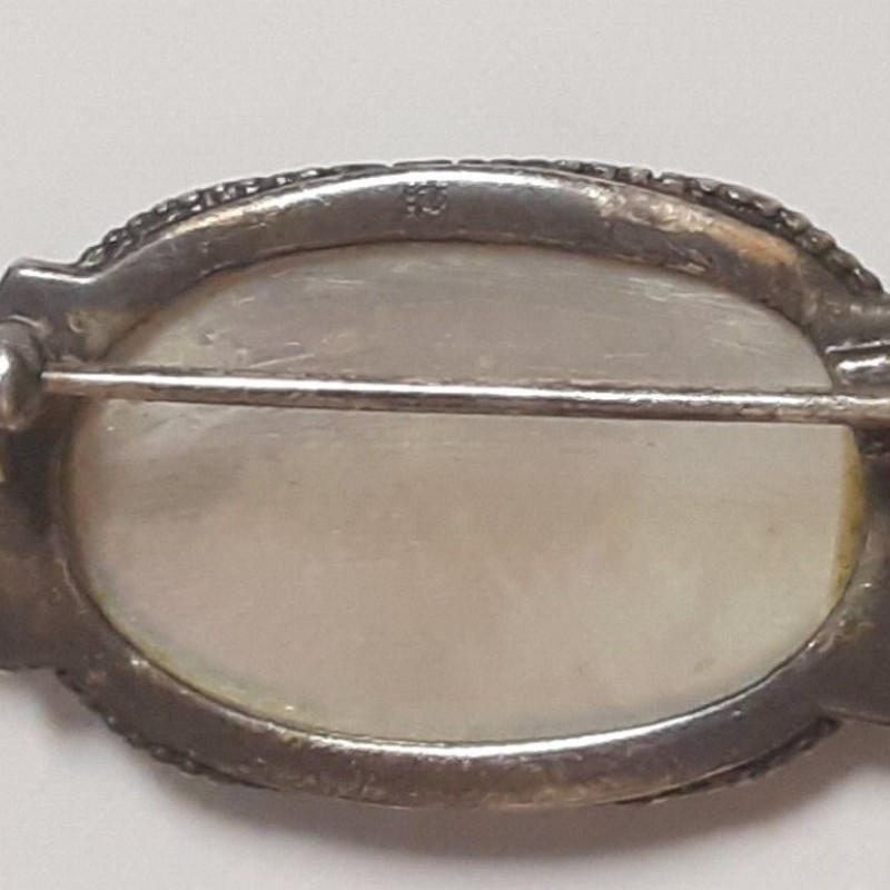 Sterling Silver Marcasite Pearl Gemstone Brooch  Woman's Pin 