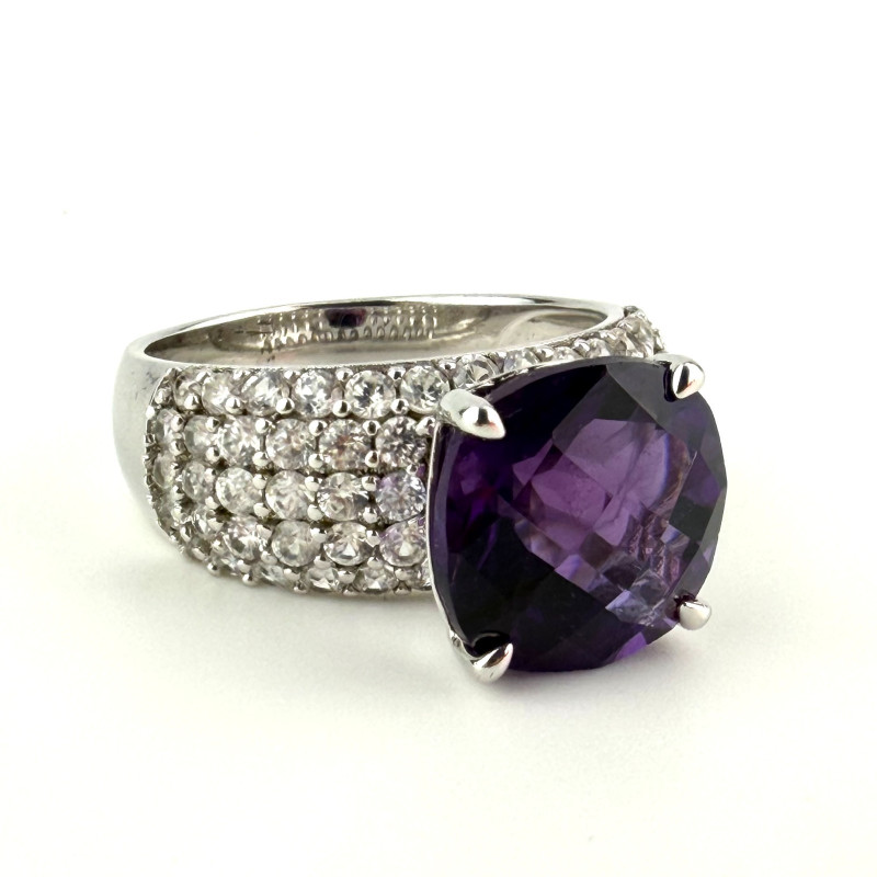925 Silver Ring Purple Amethyst and White Zircon,  Size 11