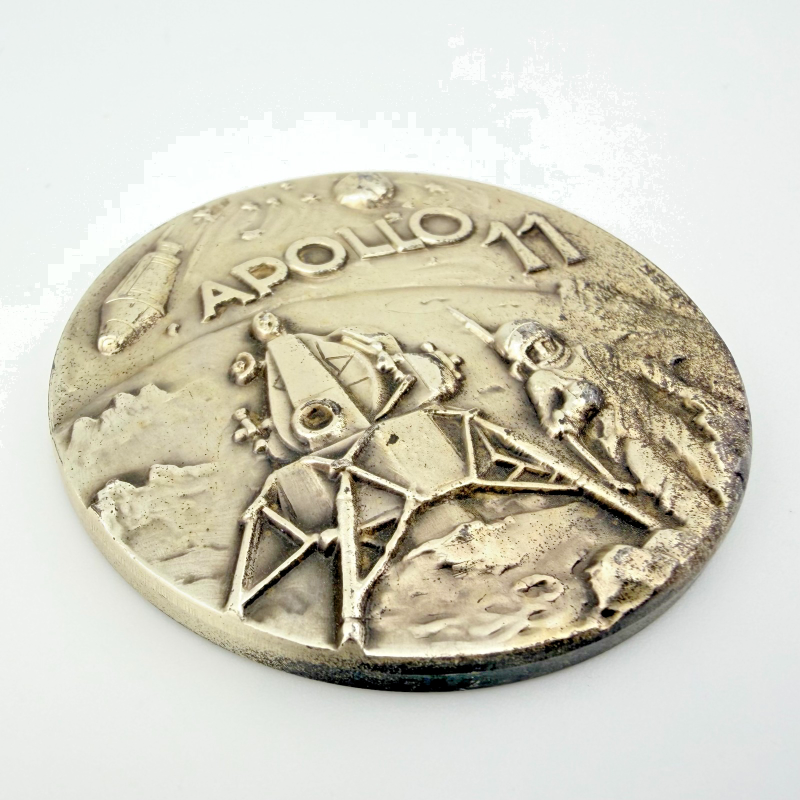 Apollo 11 NASA Space Moon High Relief Medal 2" Silvered Bronze Coin Medallion