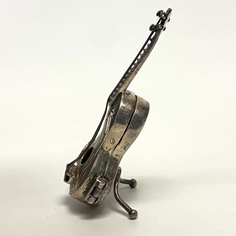 Rare Antique Sterling Silver Miniature Scroll Guitar Pill Box Dove Doll House Rare Antique Sterling Silver Miniature Scroll Guitar Pill Box Dove Doll House