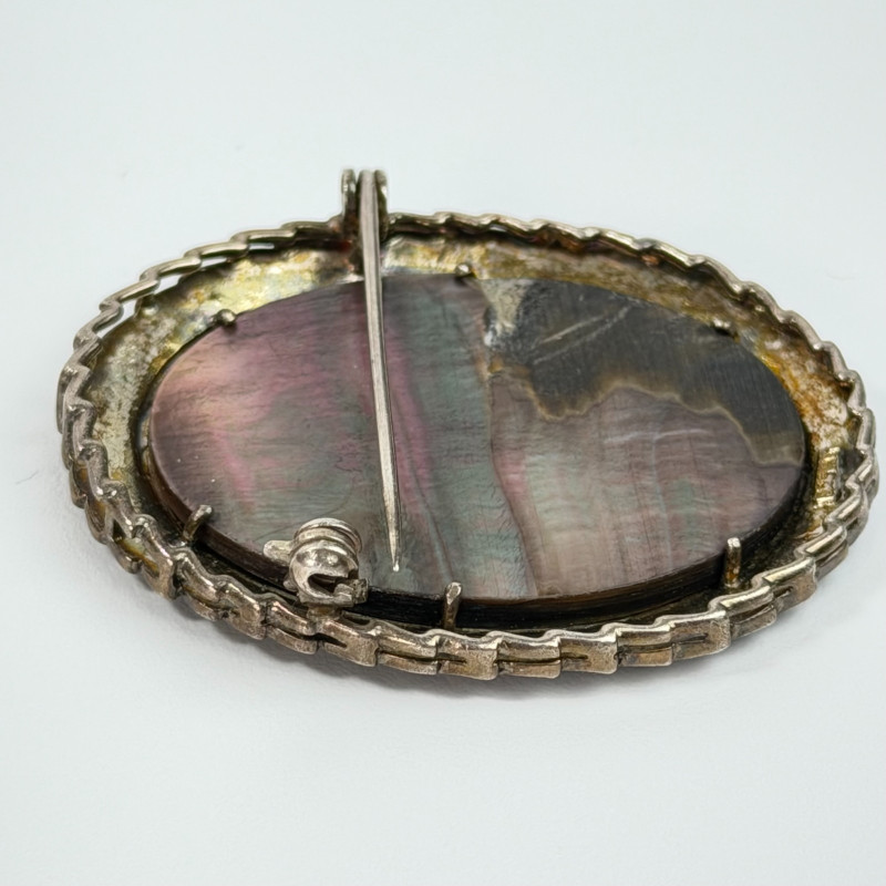 Vintage 925 Sterling Silver Cameo Pendant Brooch with Carved Mother of Pearl 2"