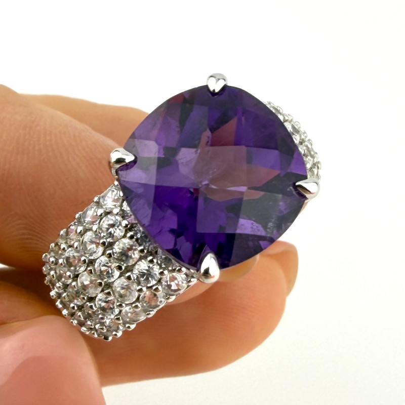925 Silver Ring Purple Amethyst and White Zircon,  Size 11