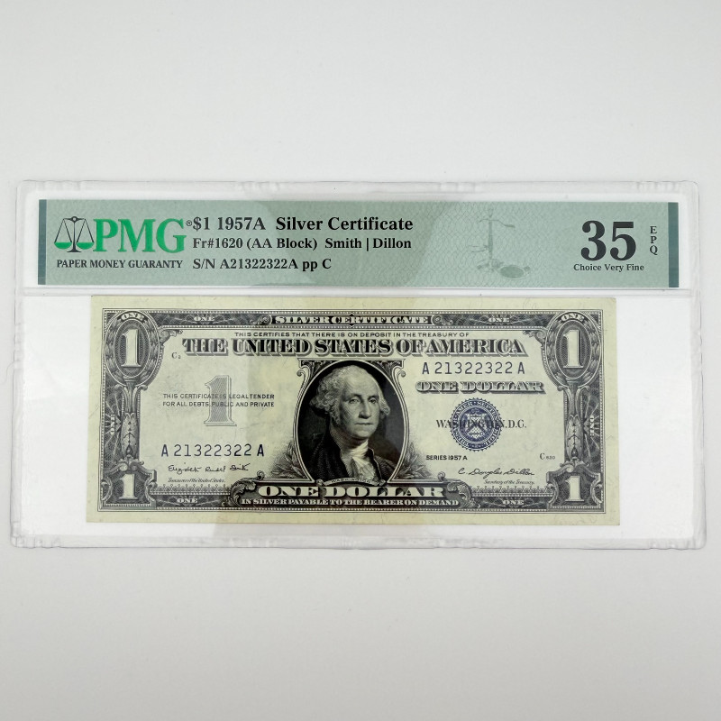 1957A $1 Silver Cert. Fr. 1620 AA Block PMG 35 EPQ Smith/Dillon A21322322A