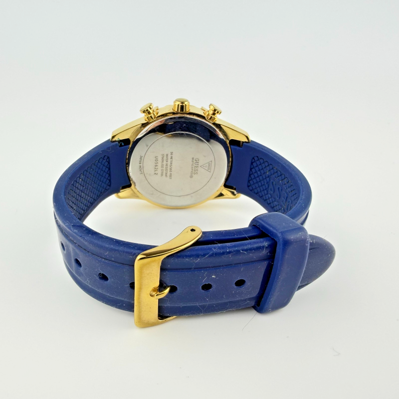 Guess Chronograph Gold Tone Watch Blue Silicone Strap Black Dial